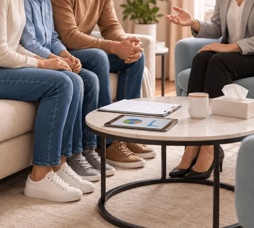 Eine Familie sitzt gemeinsam auf dem Sofa im Beratungsgespräch